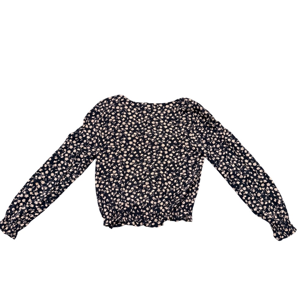American Eagle Womens Small Black Floral Long Sleeve V-Neck Elastic Hem Blouse - Picture 6 of 9